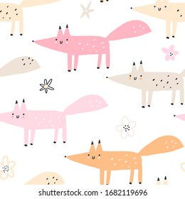Childish seamless pattern with cute fox on a flower meadow. Creative childish texture for fabric, wrapping, textile, wallpaper, apparel. Vector illustration