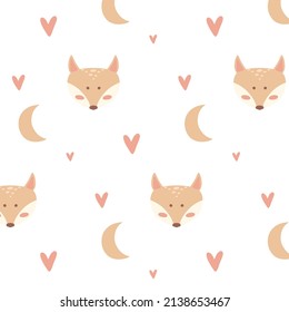 Childish seamless pattern with cute fox head and hearts. Kid's boho style. Drawn pattern with fox moon and hearts.