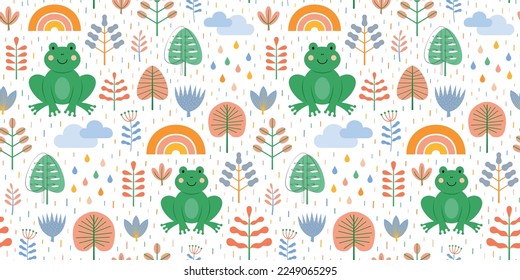 Childish seamless pattern with cute frogs and rainbows. Can be used for kids apparel, fabric, textile, and wrapping paper. Vector illustration background.