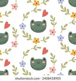Childish seamless pattern with cute frogs and flower wreaths.