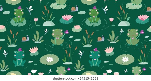 Childish seamless pattern with cute frogs and waterlilies on lake, decorative kids design