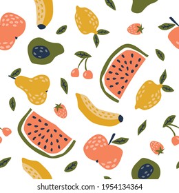 Childish seamless pattern with cute fruits. Creative texture for fabric, textile
