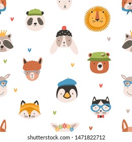 Childish seamless pattern with cute funny faces of adorable animals. Backdrop with happy muzzles on white background. Flat cartoon vector illustration for wrapping paper, textile print, wallpaper.
