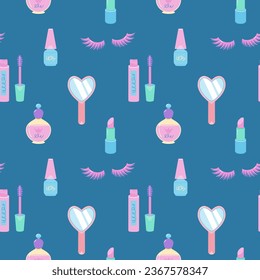 Childish seamless pattern with cute funny baby cosmetics. Illustration for design, textiles, wrapping paper.
