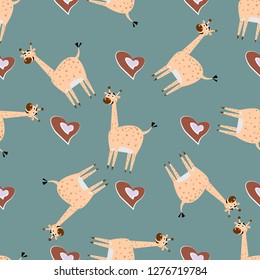Childish seamless pattern with cute giraffe. and heart Creative texture for fabric, textile.