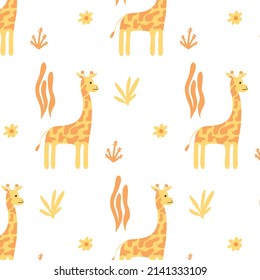 Kindernahtloses Muster mit süßer Giraffe. Zeichnen Sie Muster mit Giraffe und Pflanzen Vektorgrafik.