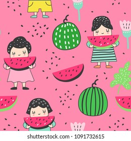 Childish Seamless Pattern with Cute Girls and Watermelons. Colourful Creative Kids Background for Fabric, Textile, Wallpaper, Wrapping Paper. Vector illustration