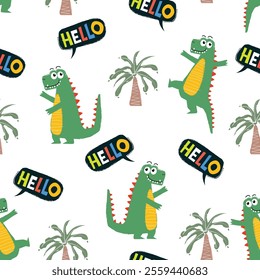 Childish seamless pattern with cute green dinosaurs, hello lettering and palm tree. Vector illustration.