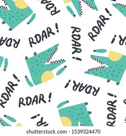 Childish seamless pattern with cute growling alligator.