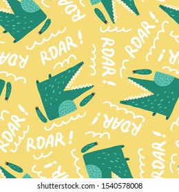 Childish seamless pattern with cute growling alligator. Yellow background.