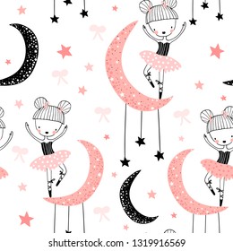 Childish seamless pattern with cute hand drawn ballerina in scandinavian style. Creative vector childish background for fabric, textile