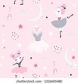 Childish seamless pattern with cute hand drawn ballerina dancing on the moon in scandinavian style. Creative vector childish background for fabric, textile