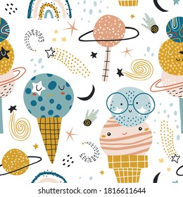 Childish seamless pattern with cute hand drawn planets ice cream. Space mood kids background. Perfect for apparel, fabric, textile, wallpaper. Vector illustration