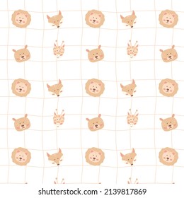 Childish seamless pattern with cute head of bear, fox, lion and giraffe. Children's boho style. Drawn pattern with animals. vector illustration.