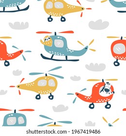 Childish seamless pattern with cute helicopter. Creative texture for fabric, textile.