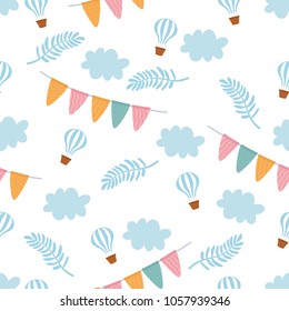 Childish seamless pattern. Cute illustration with leaves, garland and air balloon. Romantic floral composition. Good for textile, background, wrapping paper. Happy Birthday!