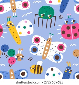 Padrão sem emenda infantil com insetos fofos, abelha, lagarta joaninha, borboleta, textura vetorial crianças spider.Creative