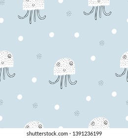 Childish seamless pattern with cute jellyfish. For kids fabric, textile, nursery wallpaper. Baby background.