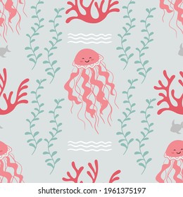 Childish seamless pattern with cute jellyfish and algae. Vector illustration in simple, doodle, hand drawn style