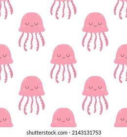 childish seamless pattern with cute jellyfishes in cartoon style, simple background, kids texture for fabric