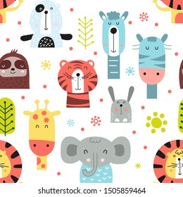 Childish seamless pattern with cute jungle animals in Scandinavian style. Vector Illustration. Kids illustration for nursery design. Great for baby clothes, greeting card, wrapping paper.