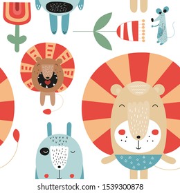 Childish seamless pattern with cute jungle animals in Scandinavian style lions, hare. Vector Illustration. Kids illustration for nursery design. Great for baby clothes, greeting card, wrapping paper.