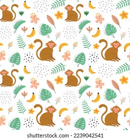 Childish seamless pattern of cute jungle monkey. Can be used for kids apparel, fabric, textile, and wrapping paper. Vector illustration background.