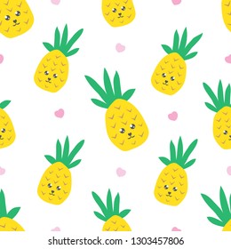 Childish seamless pattern with cute kawaii pineapple. Creative texture for textile, wallpaper, fabric, decor.