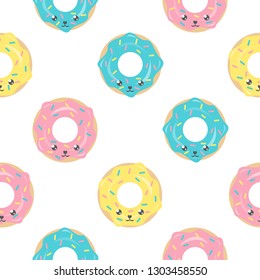 Childish seamless pattern with cute kawaii donuts. Creative texture for textile, wallpaper, fabric, decor.