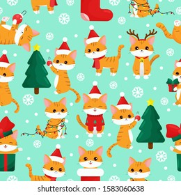 Childish seamless pattern. Cute kawaii cartoon cat with Christmas tree and gifts. Happy New Year.