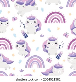 Childish seamless pattern with cute kawaii unicorns, stars, flowers, crystals, rainbow. Cartoon pony plays xylophone. Vector illustration.
