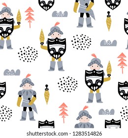 Childish seamless pattern with cute knights in scandinavian style. Creative vector childish background for fabric, textile