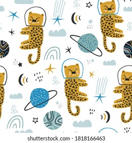 Childish seamless pattern with cute leopards in the space. Modern kids texture with cosmic elements, planets, moon, stars. Perfect for kids products, textile, apparel.