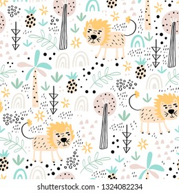 Childish seamless pattern with cute lion and tropical plants. Vector texture in childish style great for fabric and textile, wallpapers, backgrounds. Pastel colors.