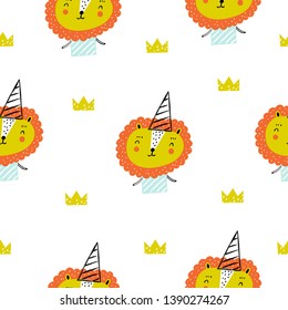 Childish seamless pattern with cute lion. For kids fabric, textile, nursery wallpaper. Baby background.