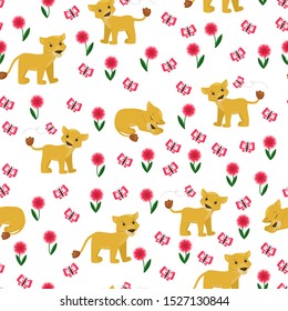 Childish seamless pattern cute lion cub, butterfly and flowers. African animals. Illustration for kids.