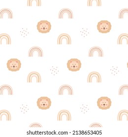Kindernahtloses Muster mit süßem Löwenkopf und Regenbogen. Kid's Boho Stil. Handgezeichnetes Muster mit Regenbogen und Löwe. Vektorgrafik.