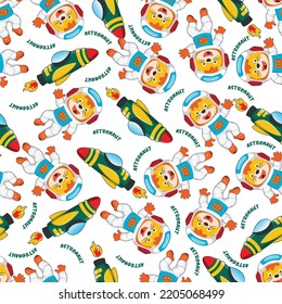 Childish seamless pattern with cute lion astronaut on space. Can be used for t-shirt print, Creative vector childish background for fabric textile, nursery wallpaper and other decoration.