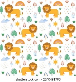 Childish seamless pattern with cute lion and jungle elements. Can be used for kids apparel, fabric, textile, and wrapping paper. Vector illustration background.