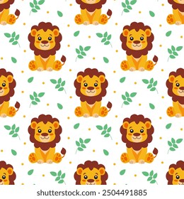 Patrón infantil sin fisuras de lindo león y planta. Fondo de pantalla animal para el embalaje textil del regalo.