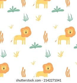 Childish seamless pattern with cute lions and plants. Exotic pattern. Hand-drawn pattern with jungle. Vector illustration.