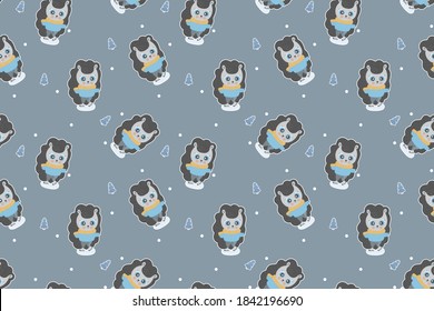 Childish seamless pattern of cute little cartoon characters of hedgehogs skating on ice, Christmas trees with white outline and circles on a gray background. For fabrics, textiles, wallpaper. Vector.