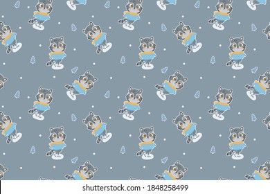 Childish seamless pattern of cute little cartoon characters of raccoons in clothes skating on ice, Christmas trees with white outline like stickers on a gray background. For fabrics, textiles. Vector.