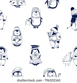 Childish seamless pattern with cute little baby penguins dressed in winter outerwear. Backdrop with funny cartoon polar birds hand drawn with contour lines on white background. Vector illustration.