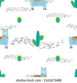Childish seamless pattern with cute llama and cactus. Creative texture for fabric, textile