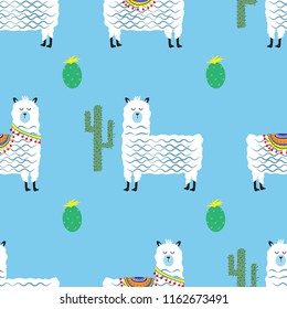 Childish seamless pattern with cute llama and cactus. Creative texture for fabric, textile