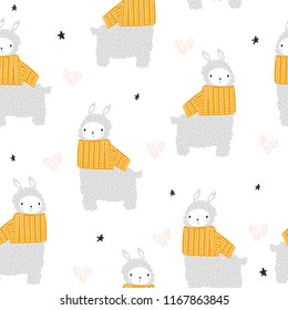 Childish seamless pattern with cute llama and yellow scarf. Vector hand drawn illustration.