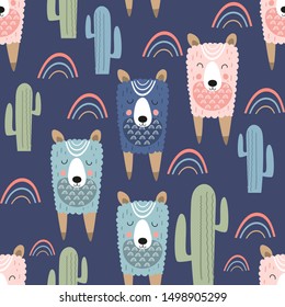 Childish seamless pattern with cute llama and cactus in Scandinavian style. Vector Illustration. Kids illustration for nursery design. Great for baby clothes, greeting card, wrapping paper.