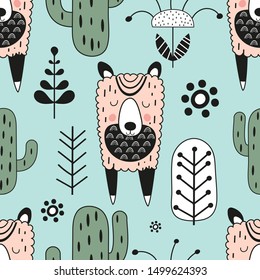 Childish seamless pattern with cute llama and cactus in Scandinavian style. Vector Illustration. Kids illustration for nursery design. Great lama for baby clothes, greeting card, wrapping paper.