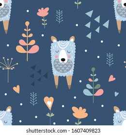 Childish seamless pattern with cute llama in Scandinavian style on blue background. Vector Illustration. Kids illustration for nursery design. Great for baby clothes, greeting card, wrapping paper.